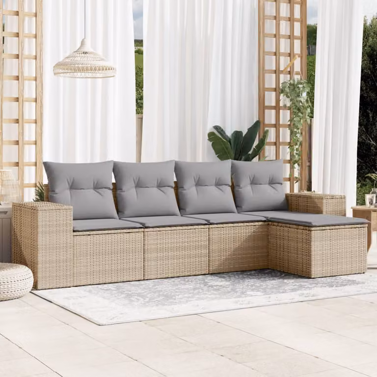 Set Divano da Giardino vidaXL 5 pz in Polyrattan con Cuscini Beige e Grigio