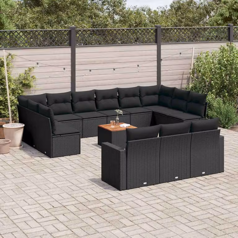 vidaXL Set Divani da Giardino a Forma di U in Polyrattan Nero con Cuscini e Tavolino da Esterno