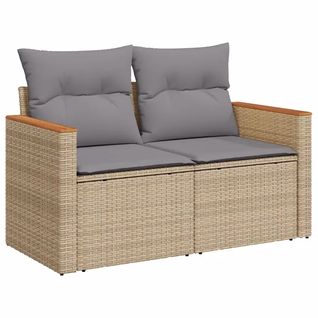 Divano da giardino a 2 posti vidaXL in polyrattan con cuscini beige e grigi e struttura in legno di acacia – 2