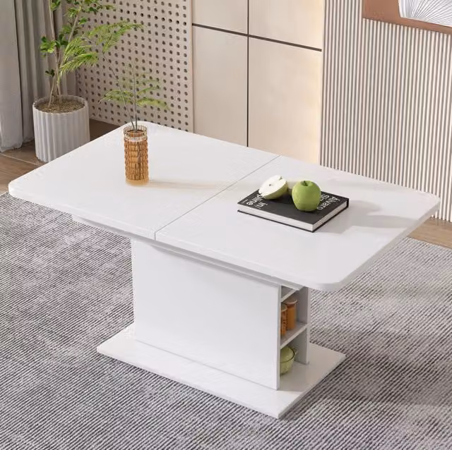 Tavolo da pranzo allungabile con contenitore, struttura in metallo e pannelli in truciolato, bianco, design moderno e salvaspazio