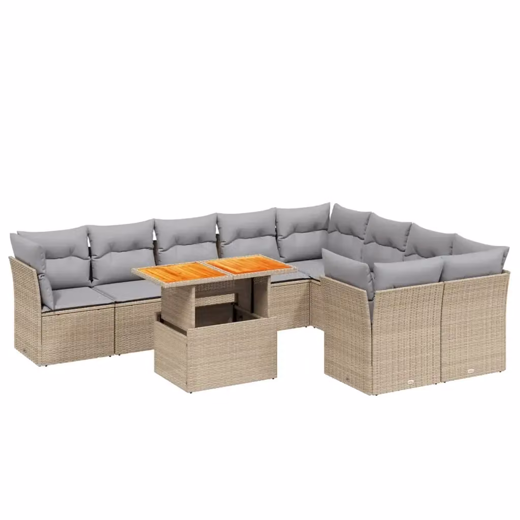 vidaXL Set Divano da Giardino 10 pz in Polyrattan con Cuscini Beige e Struttura in Acciaio e Legno di Acacia – 2