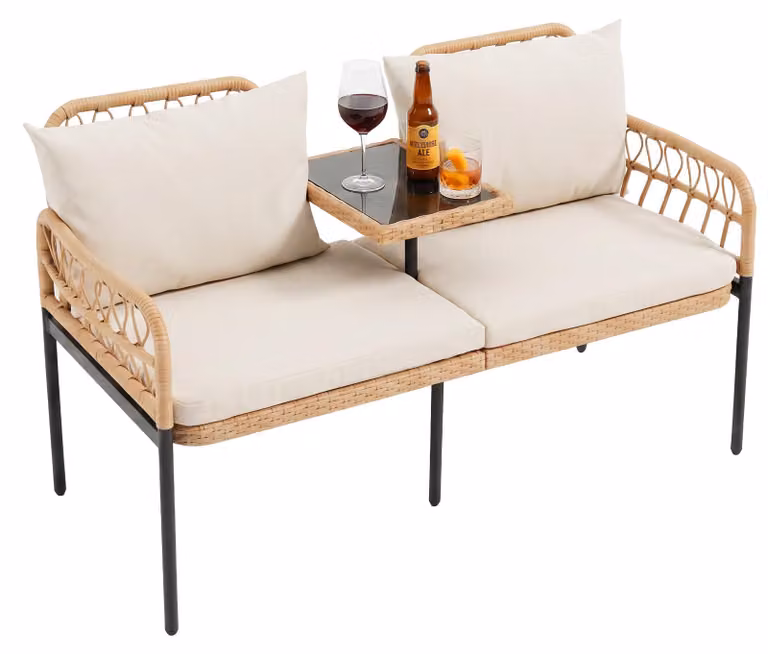 Panca da giardino COSTWAY con tavolo, panca in rattan sintetico con cuscini, divanetto a 2 posti, set di mobili da esterno per balcone, giardino o terrazza, dimensioni 137x64x84 cm