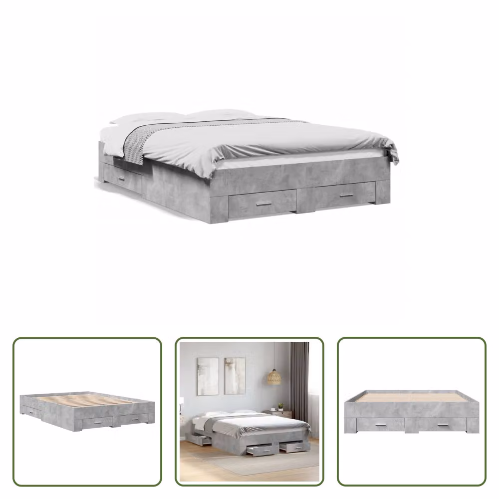 The Living Store Struttura letto con cassetti in cemento grigio 140x190 cm Materiale legno