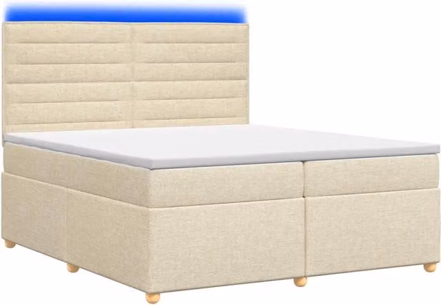 Letto box spring con materasso vidaXL in tessuto beige e bianco con base a sollevamento, illuminazione sottostante e porta di ricarica USB, L/P/H: 200 x 200 x 140,5 cm