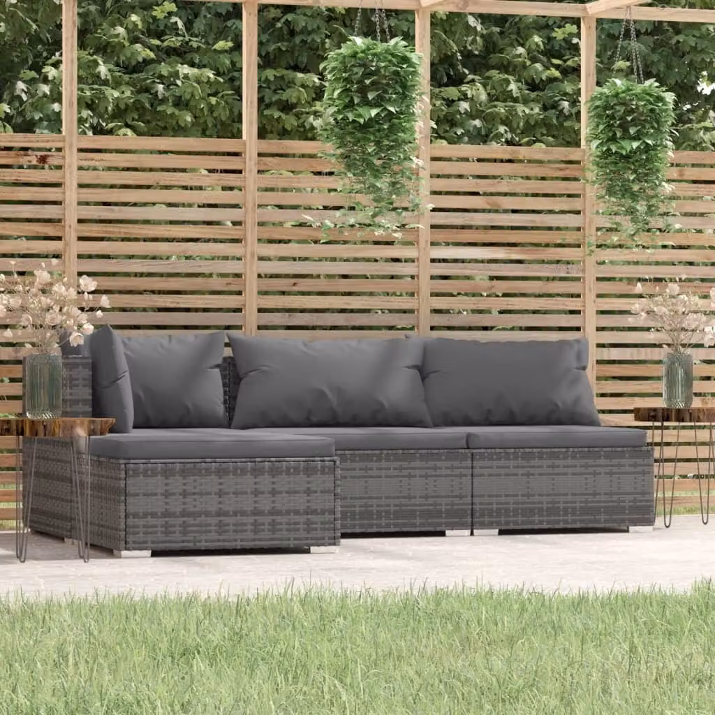 The Living Store Set salotto da giardino 4 pezzi con cuscini in poly rattan grigio