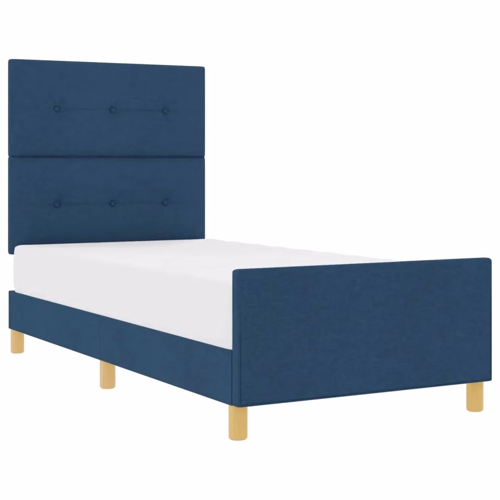 Struttura del letto con testiera vidaXL in tessuto blu e legno di pino, L 100 x P 200 cm – 2