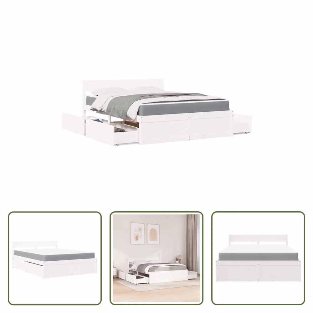 The Living Store Letto con cassetti e materasso bianco 140x200 cm in legno massiccio