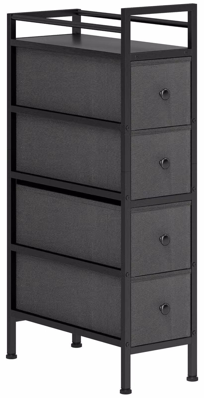 Comodino stretto con 4 cassetti rivestiti in tessuto | Colore: nero | Dimensioni: 20x43x81,5 cm