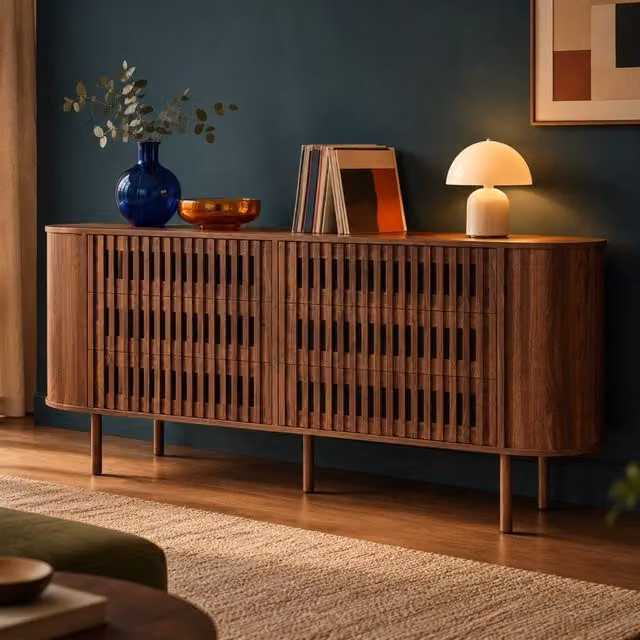 Sideboard in MDF con 6 cassetti 160x40x70 cm, design a lamelle, gambe in metallo, colore noce