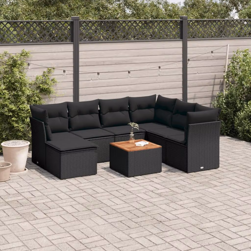 vidaXL Set Divani da Giardino a L in Polyrattan Nero con Cuscini e Tavolino da Esterno – 1