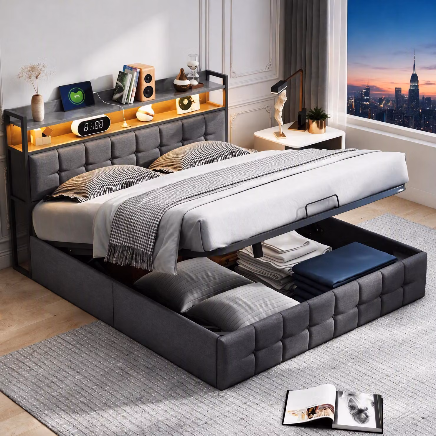 Letto contenitore con rete a molle INONEFT, 140x200 cm, con struttura imbottita e spazio contenitore ad apertura idraulica, letto matrimoniale con illuminazione a LED e prese USB, colore grigio lino, senza materasso