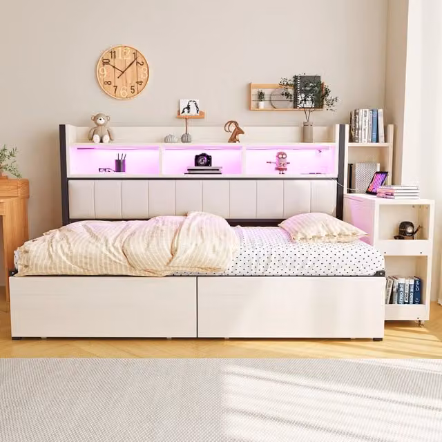 Letto Mivray con cassetti, scrivania estraibile e prese USB integrate in metallo e legno bianco, L/P: 90 x 200 cm