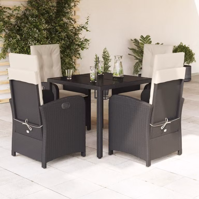 Set da Pranzo da Giardino vidaXL 5 pz in Polyrattan Nero con Cuscini e Tavolo in Vetro