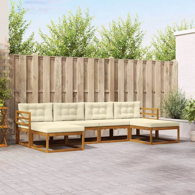 Set di divani da esterno vidaXL a forma di L in legno di acacia con cuscini, 6 pezzi, Beige e Bianco