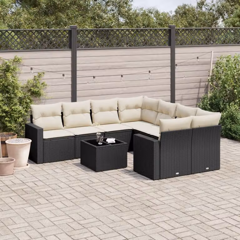vidaXL Set Divani da Giardino 9 pz a Forma a L con Tavolino da Caffè e Cuscini, Polyrattan e Metallo, Nero e Bianco
