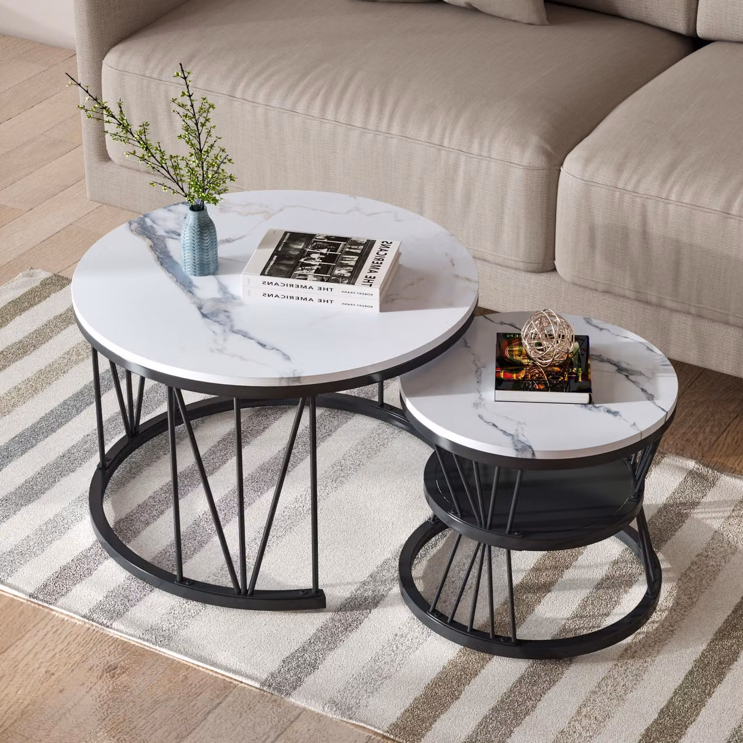 Set di 2 tavolini moderni rotondi con struttura in marmo per soggiorno, salotto, balcone e ufficio - Struttura in metallo - 70 x 70 x 45 cm - Nero - 70 x 70 x 45 cm