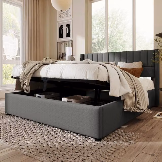 Letto contenitore imbottito 140x200 cm grigio in lino con sollevamento idraulico