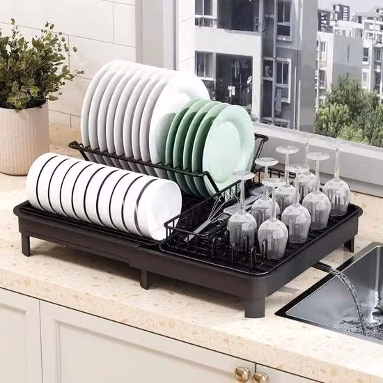Servizio da cucina a doppio piano in acciaio inossidabile con contenitore per residui estraibile e ripiegabile