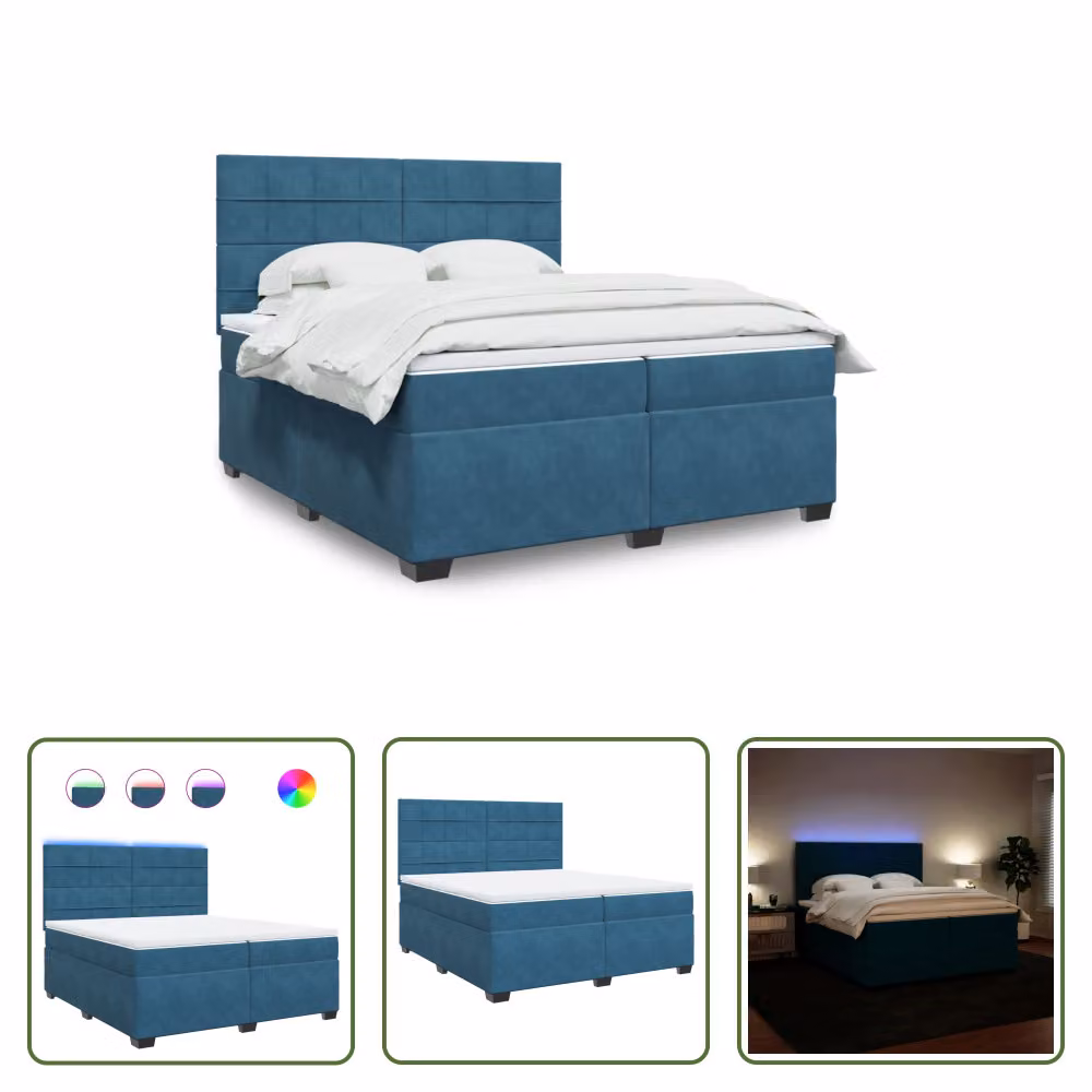 The Living Store Letto a molle con materasso blu 200x200 cm in velluto