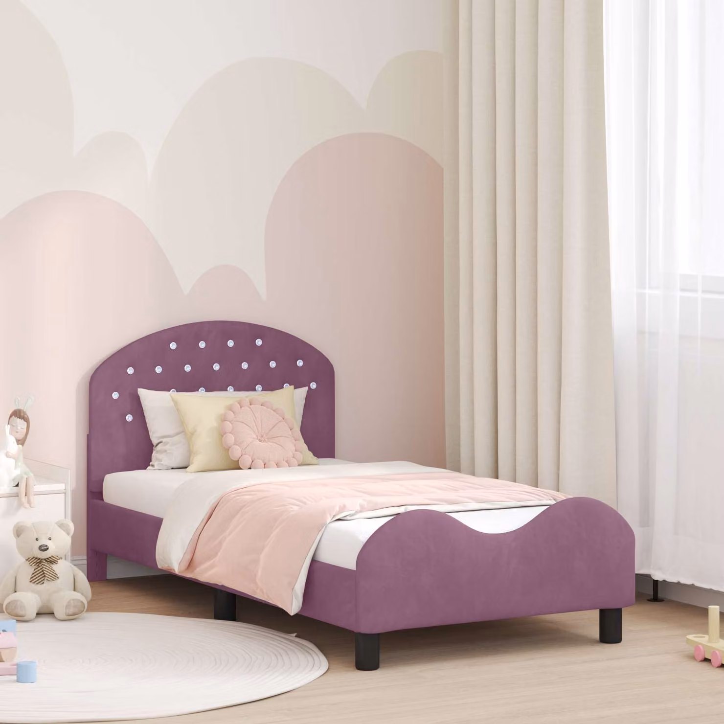 Struttura letto per bambini vidaXL in velluto viola con testata e doghe in legno, L/P/H: 160 x 80 x 84 cm
