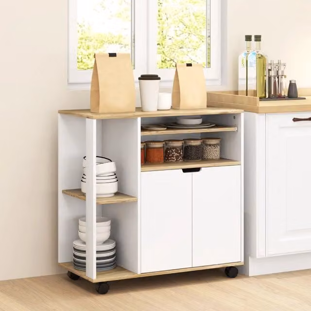 Carrello da cucina moderno WISHDOR con armadio e ripiani, Bianco e Legno, L 80 cm x P 40 cm x H 82 cm