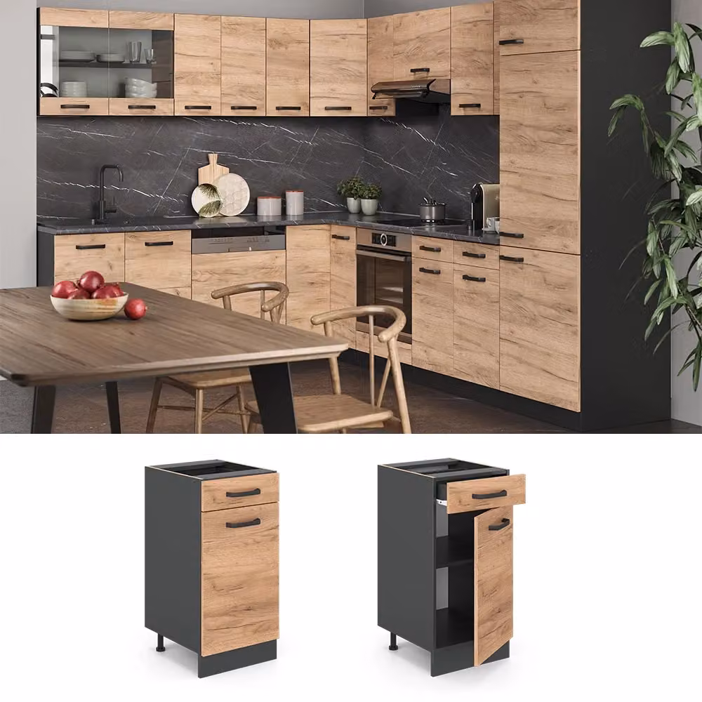 Mobiletto base per cucina Vicco R-Line in rovere e antracite con ante a battente L: 40 cm, H: 81.6 cm, P: 46 cm – 2