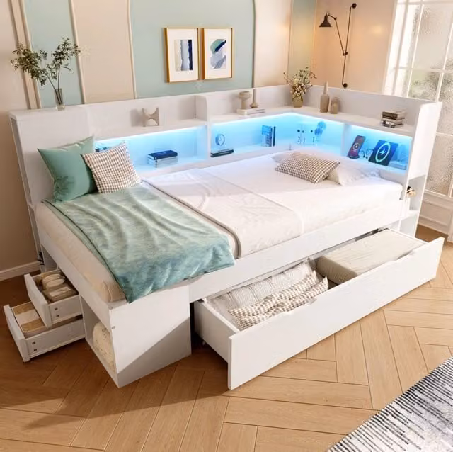 Letto da giorno ULEVR 90x200 cm con LED, USB e Type-C, cassetti e ripiani, bianco