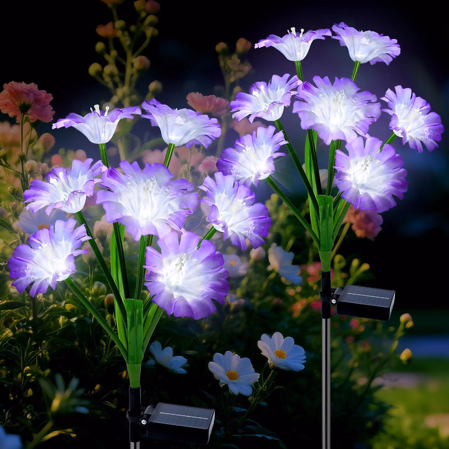 Set di 2 lampade a LED solari a forma di fiore, grado di protezione IP65, luce bianco caldo, per uso esterno