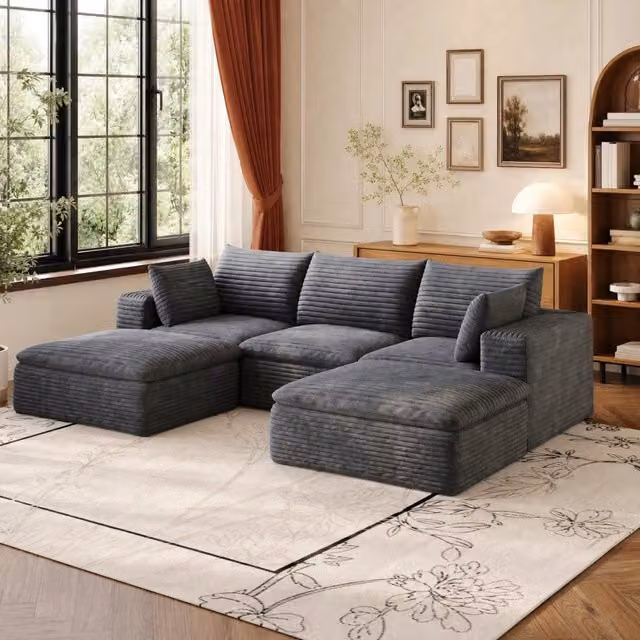Divano modulare in tessuto grigio scuro con imbottitura in schiuma e design componibile