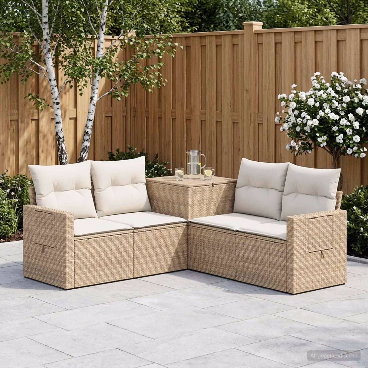 Set di divani da giardino a L vidaXL in polyrattan beige e bianco con cuscini inclusi
