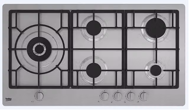 Piano cottura a gas Beko HIML95225SXE da incasso, 5 zone di cottura con bruciatore Wok, griglie in ghisa, colore Silver in acciaio inossidabile, L: 90 cm, P: 51 cm – 1