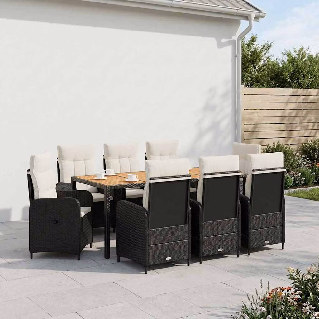 Set da pranzo per esterni vidaXL in polyrattan e legno di acacia, 9 pezzi, Nero e Bianco