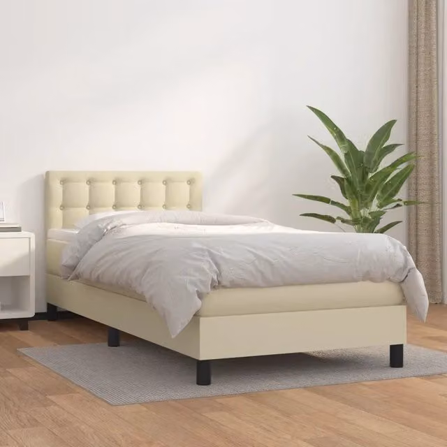 Letto con Giroletto a Molle e Materasso Ibrido vidaXL in Similpelle Beige e Bianco L/P/H: 90 x 200 cm