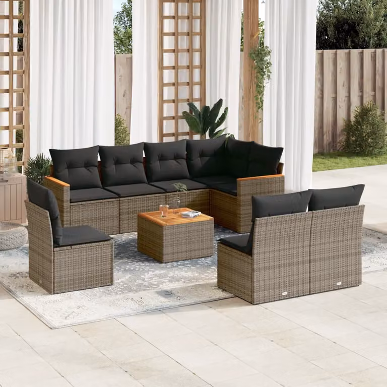 vidaXL Set Divano da Giardino 9 pz a L con Cuscini Grigio in Polyrattan e Tavolino da Caffè
