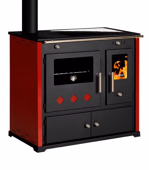 Cucina a legna Practik Lux Eco Bordo – 9,5 kW, con forno e piano cottura in vetroVetroceramica, apertura a sinistra – Classe A+