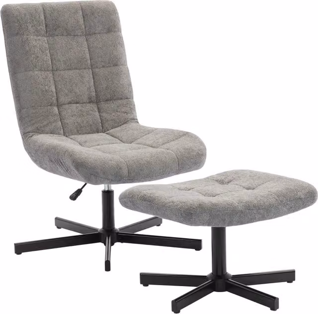 Poltrona da Salotto con Poggiapiedi, Sedia Relax Girevole Reclinabile, Altezza Regolabile, Tessuto Velluto Grigio, 66 x 80 x 93-104 cm
