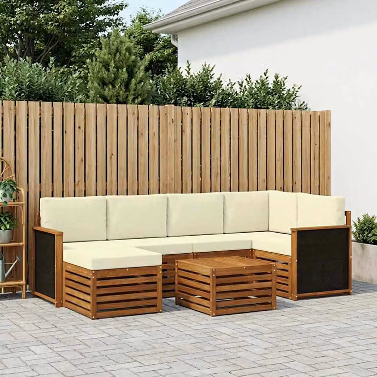 Set di divani da esterno vidaXL in legno di acacia con forma a L, colore beige e bianco, composto da 6 pezzi con cuscini e tavolino da giardino
