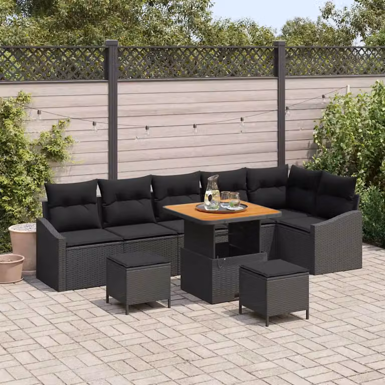 Set Divano da Giardino vidaXL 9 Pezzi Nero con Cuscini e Tavolino in Polyrattan e Acciaio