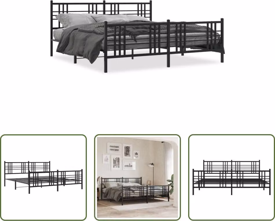 The Living Store Struttura letto con testiera e pediera in metallo nero 183x213 cm