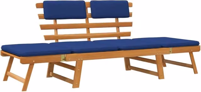 Panchina da giardino 2-in-1 Outsunny in legno di acacia con cuscini blu e poggiatesta regolabile per patio e terrazza