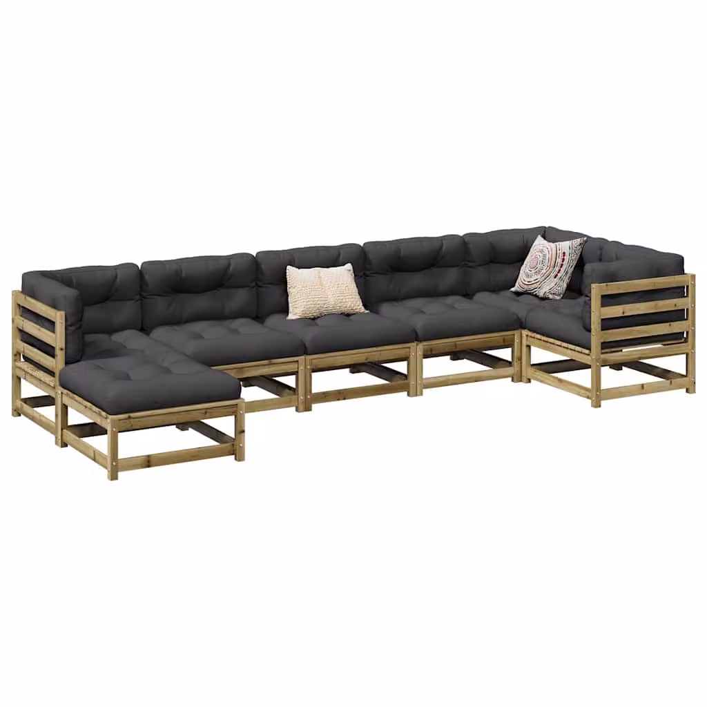 Set di Divani da Giardino vidaXL 7 Pezzi in Legno di Pino Trattato con Cuscini, Forma a L, Marrone e Grigio – 1
