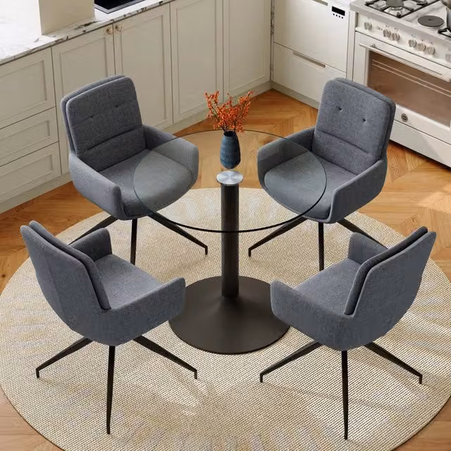 Set da pranzo rotondo con tavolo in vetro temperato e sedie girevoli grigio scuro