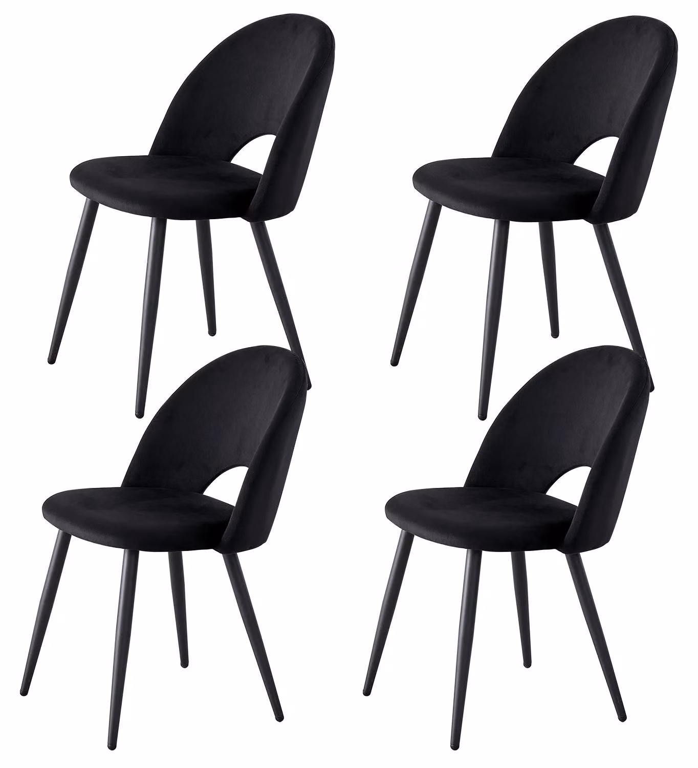 Set di 4 sedie in velluto - Sedie da pranzo moderne - Gambe in metallo - Imbottite - Schienale aperto - Colore nero - Da montare