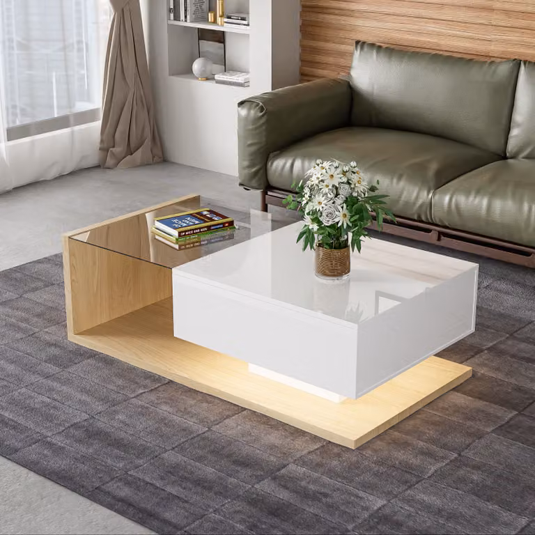 Tavolino Fortuna Lai 100x50x32cm con piano in vetro e cassetto, tavolino lucido con LED incl. APP, tavolino da salotto, Naturale