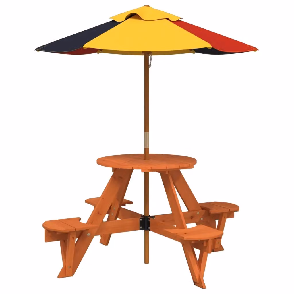 Tavolo da picnic per 4 bambini vidaXL in legno di abete marrone e multicolore con ombrellone rotondo L: 140 cm, P: 120 cm, H: 75 cm – 2