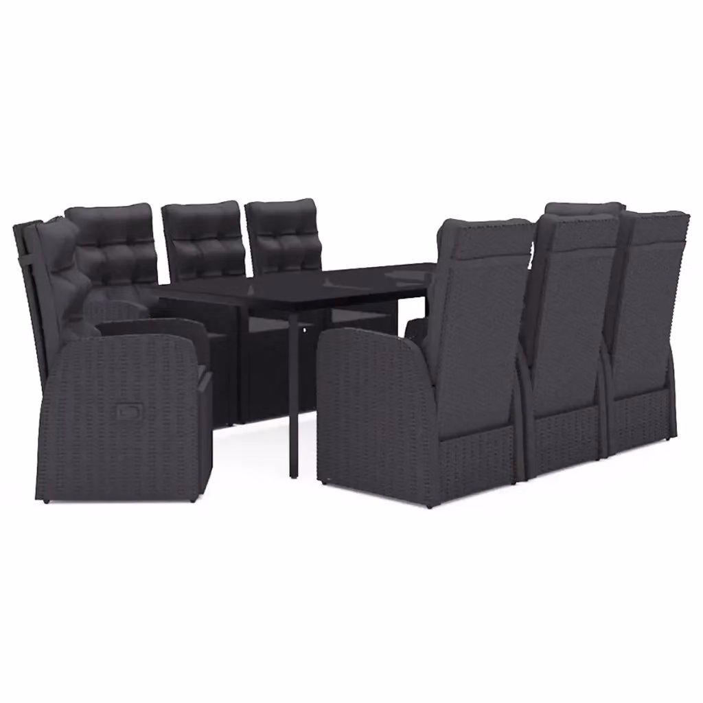 Set da pranzo da giardino vidaXL in polyrattan nero con cuscini e tavolo in vetro, 9 pezzi – 2