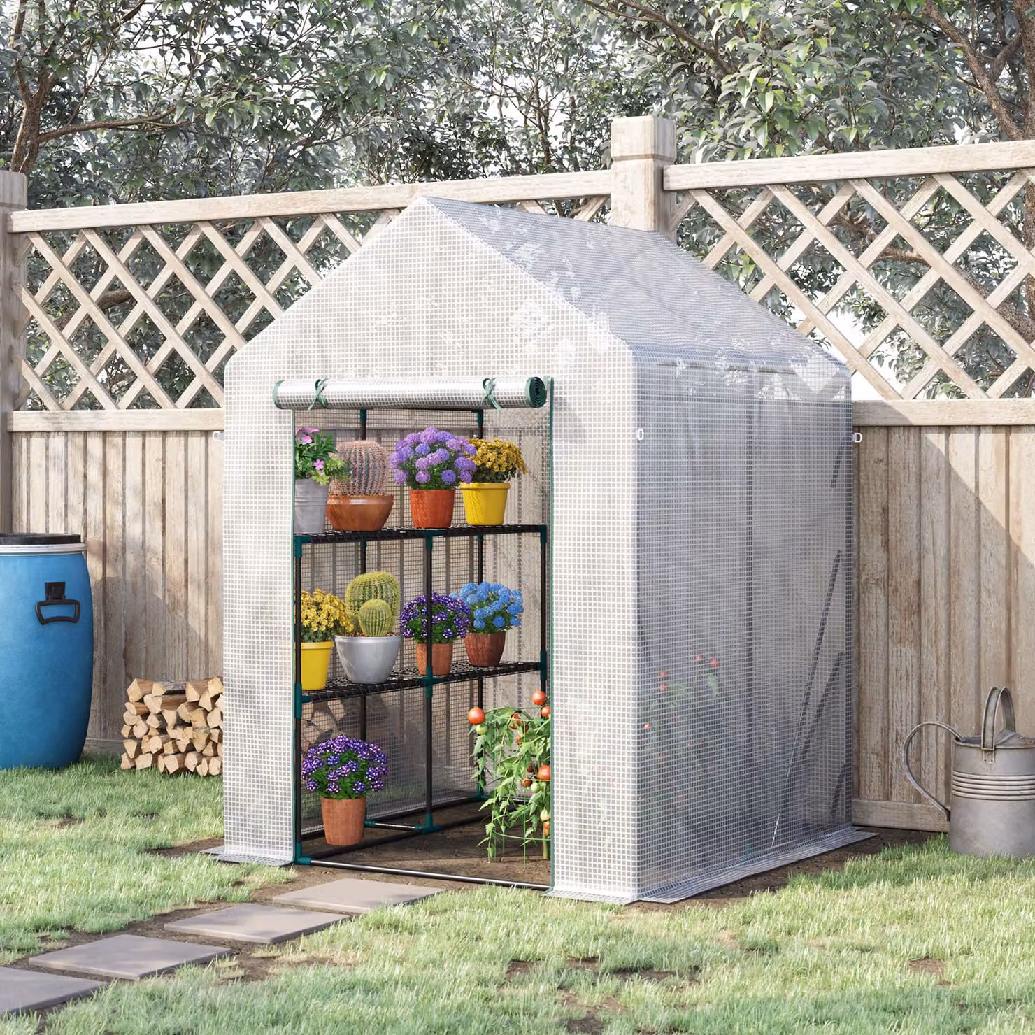 Serra da giardino Outsunny con 2 scaffali e porta avvolgibile in acciaio, Bianco, L 143 x P 143 x H 195 cm – 2