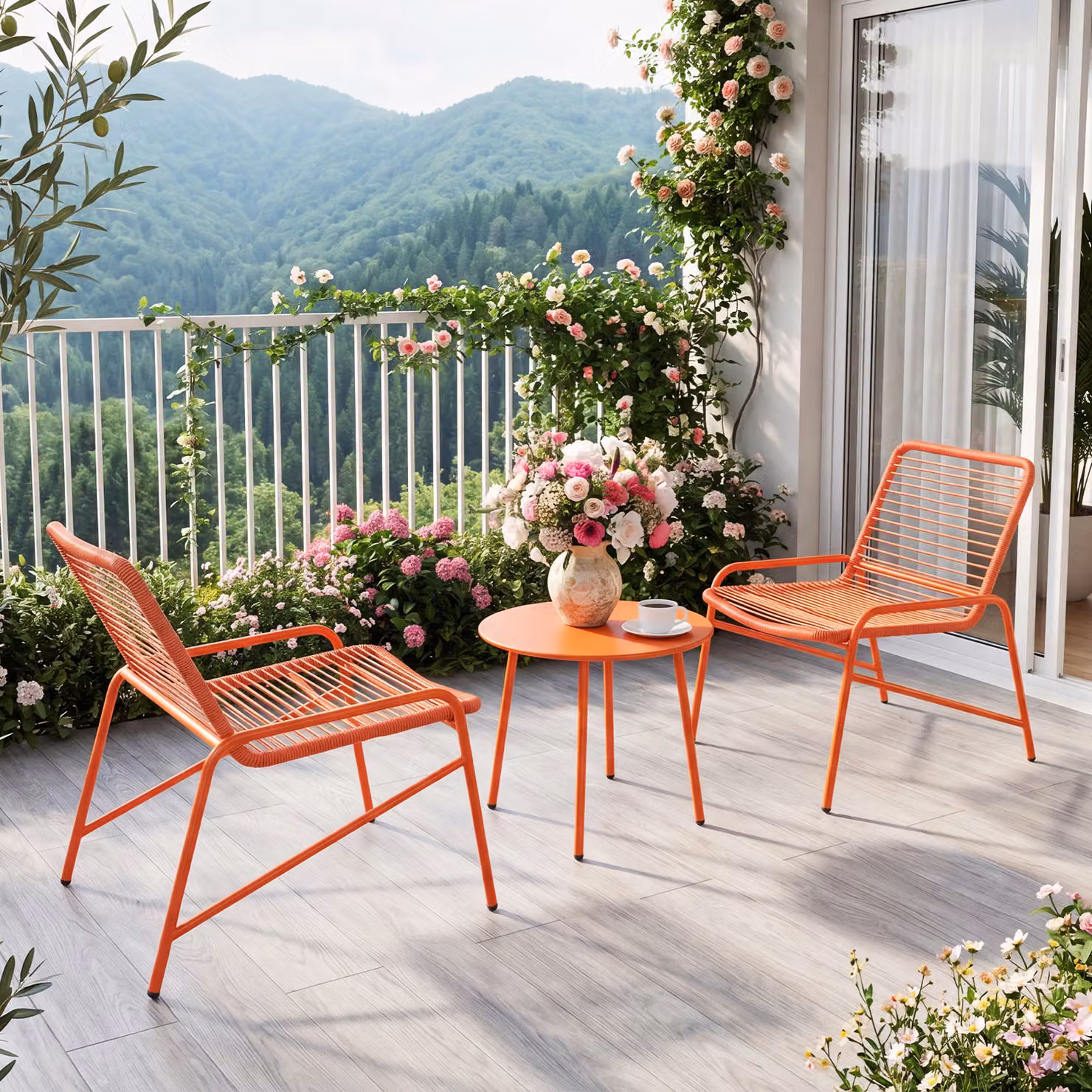 Set da giardino Costway in rattan arancione con tavolino rotondo e 2 poltrone ergonomiche con cuscini inclusi