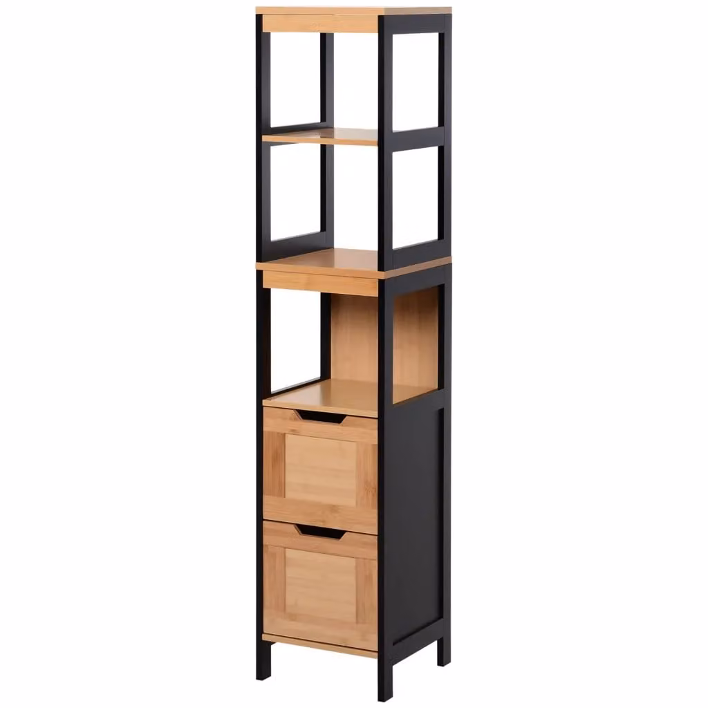 Armadio da bagno Minimal con ripiani e cassetti, Nero e Naturale, L/P/H: 30 x 30 x 144 cm – 2
