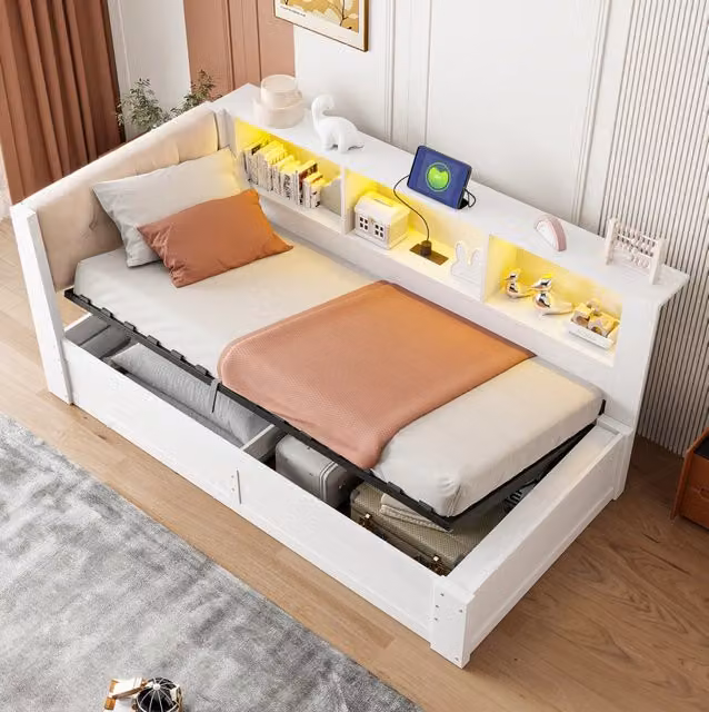 Letto a giorno contenitore 90x200 cm in pino e MDF; bianco; con LED; USB e mensola